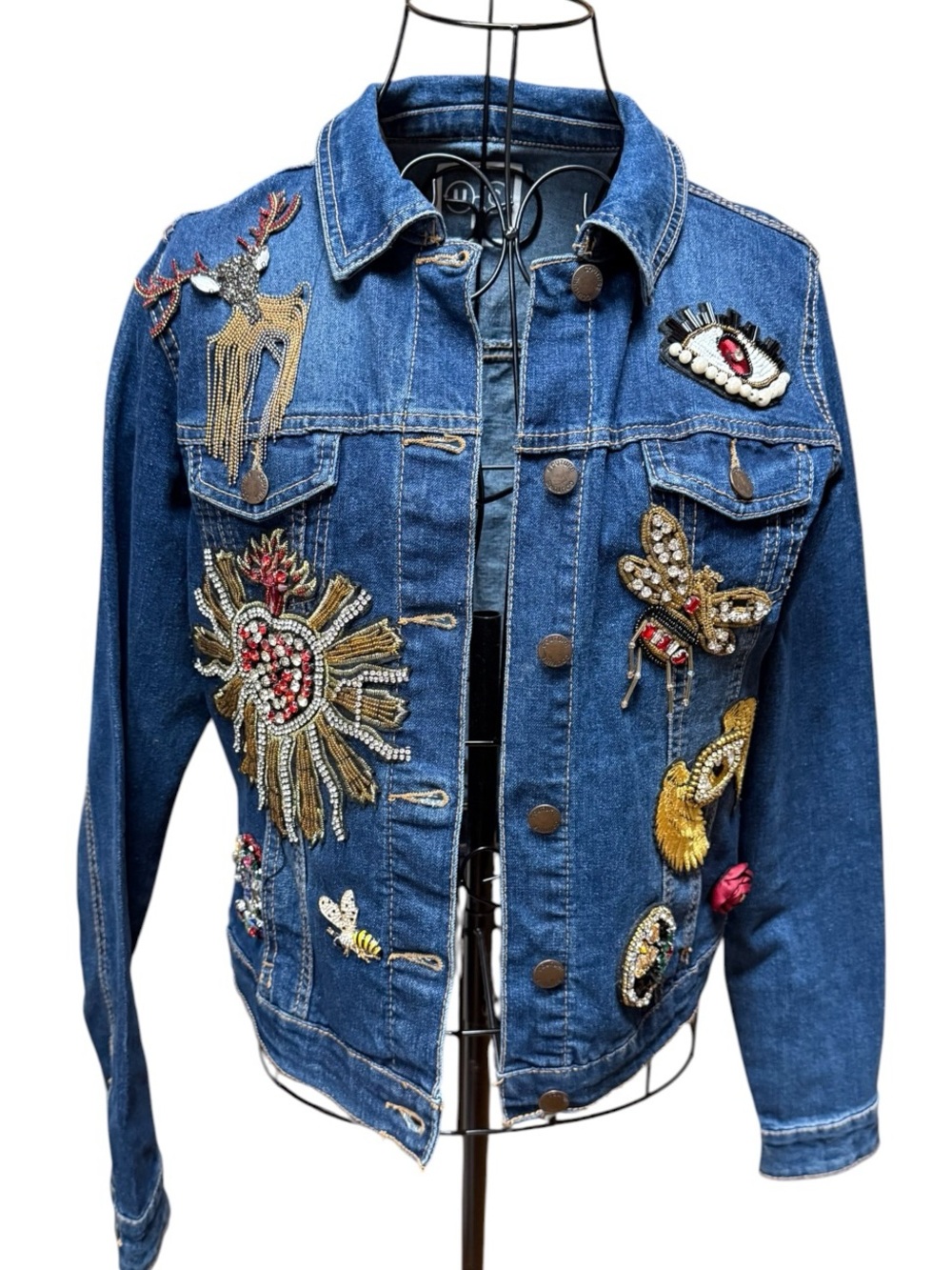 Beaded Embellished Blue Denim Jacket - Eyes Heart Angel Wings Jean Jacket